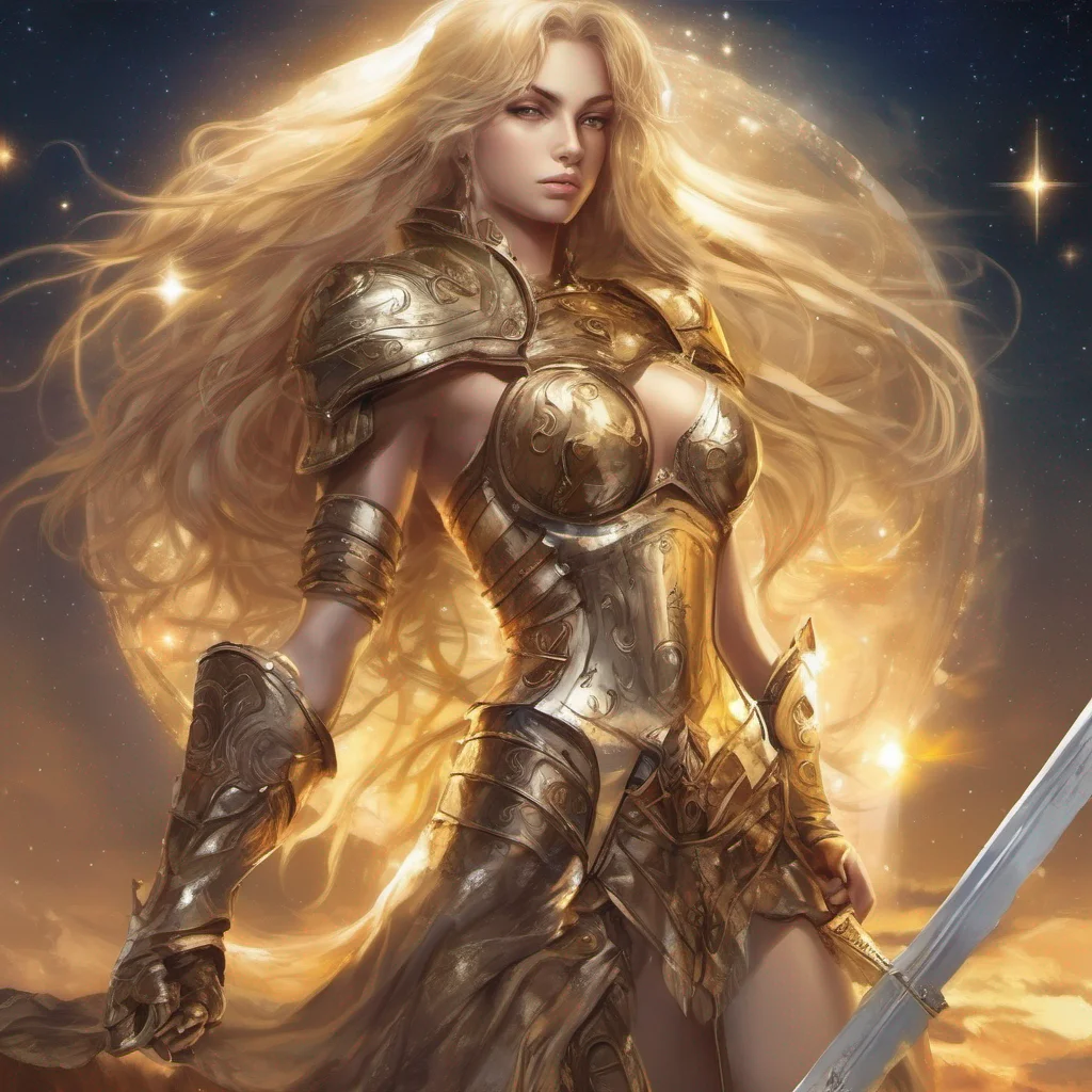 fantasy art seductive warrior goddess celestial sun moon stars blonde brown eyes full body golden armor starlight sword amazing awesome portrait 2
