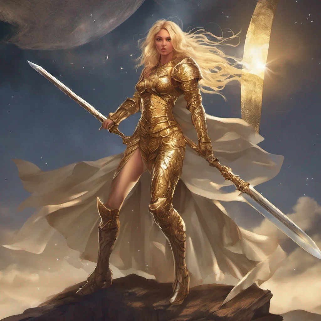 fantasy art seductive warrior goddess celestial sun moon stars blonde brown eyes full body golden armor sun sword amazing awesome portrait 2