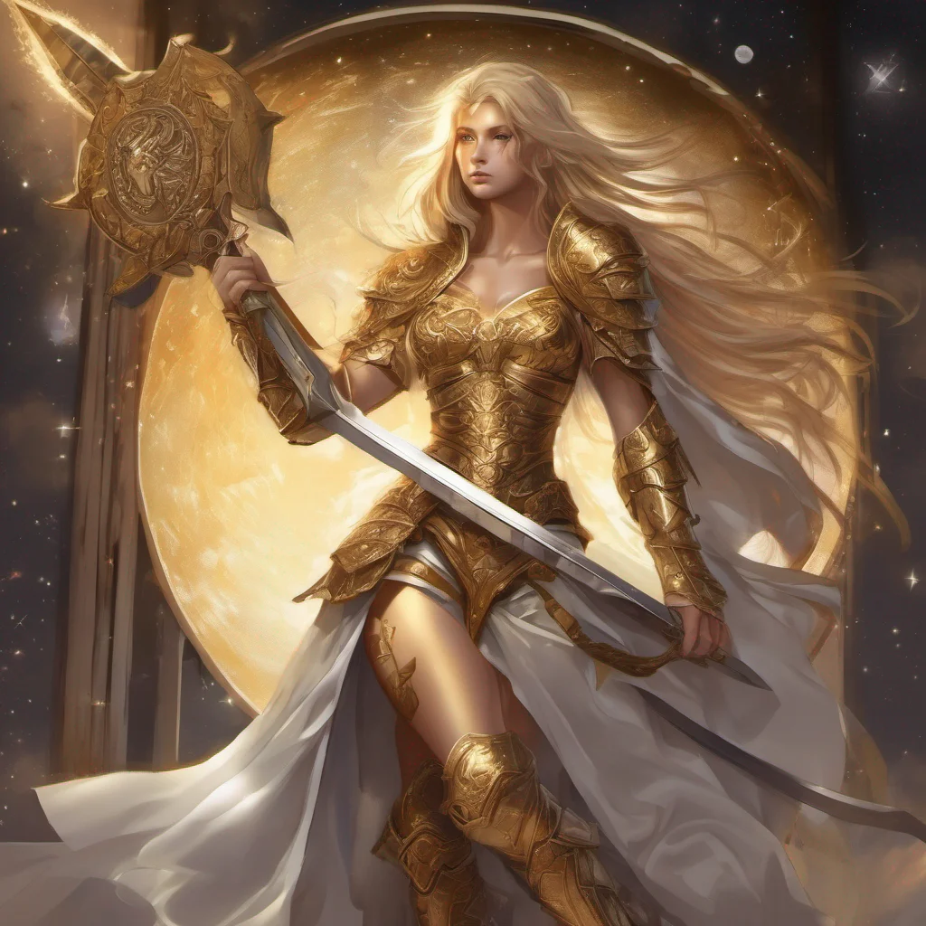 fantasy art seductive warrior goddess celestial sun moon stars blonde brown eyes full body golden armor sun sword