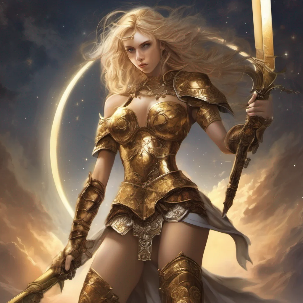 fantasy art seductive warrior goddess celestial sun moon stars blonde brown eyes full body golden armor sword amazing awesome portrait 2
