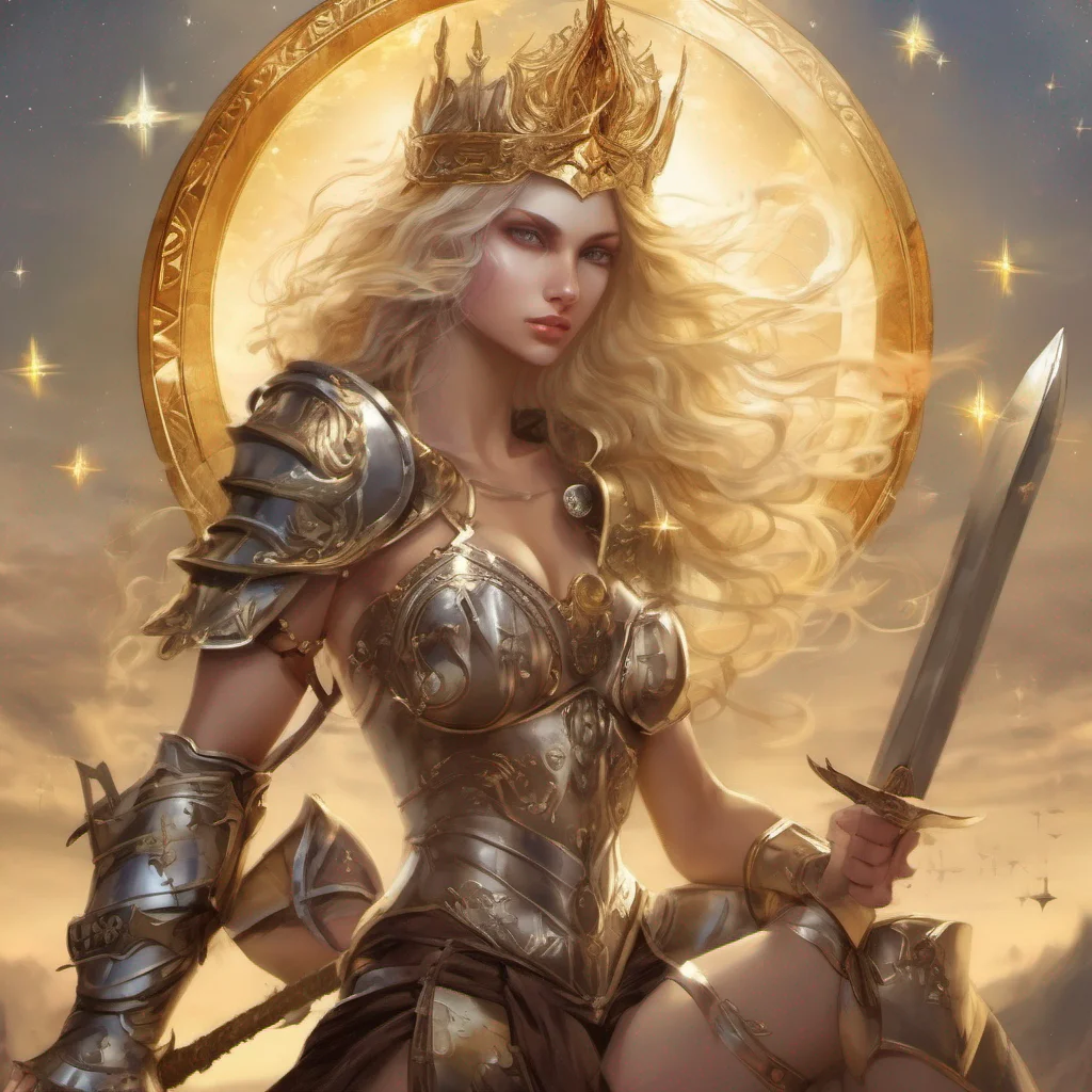 fantasy art seductive warrior goddess celestial sun moon stars blonde brown eyes full body golden armor sword crown confident engaging wow artstation art 3