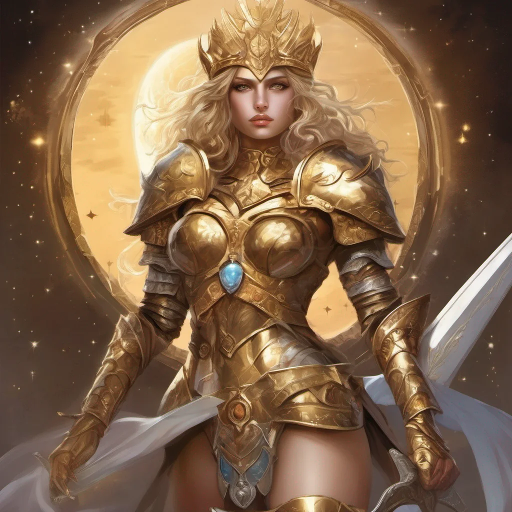 fantasy art seductive warrior goddess celestial sun moon stars blonde brown eyes full body golden armor sword crown good looking trending fantastic 1