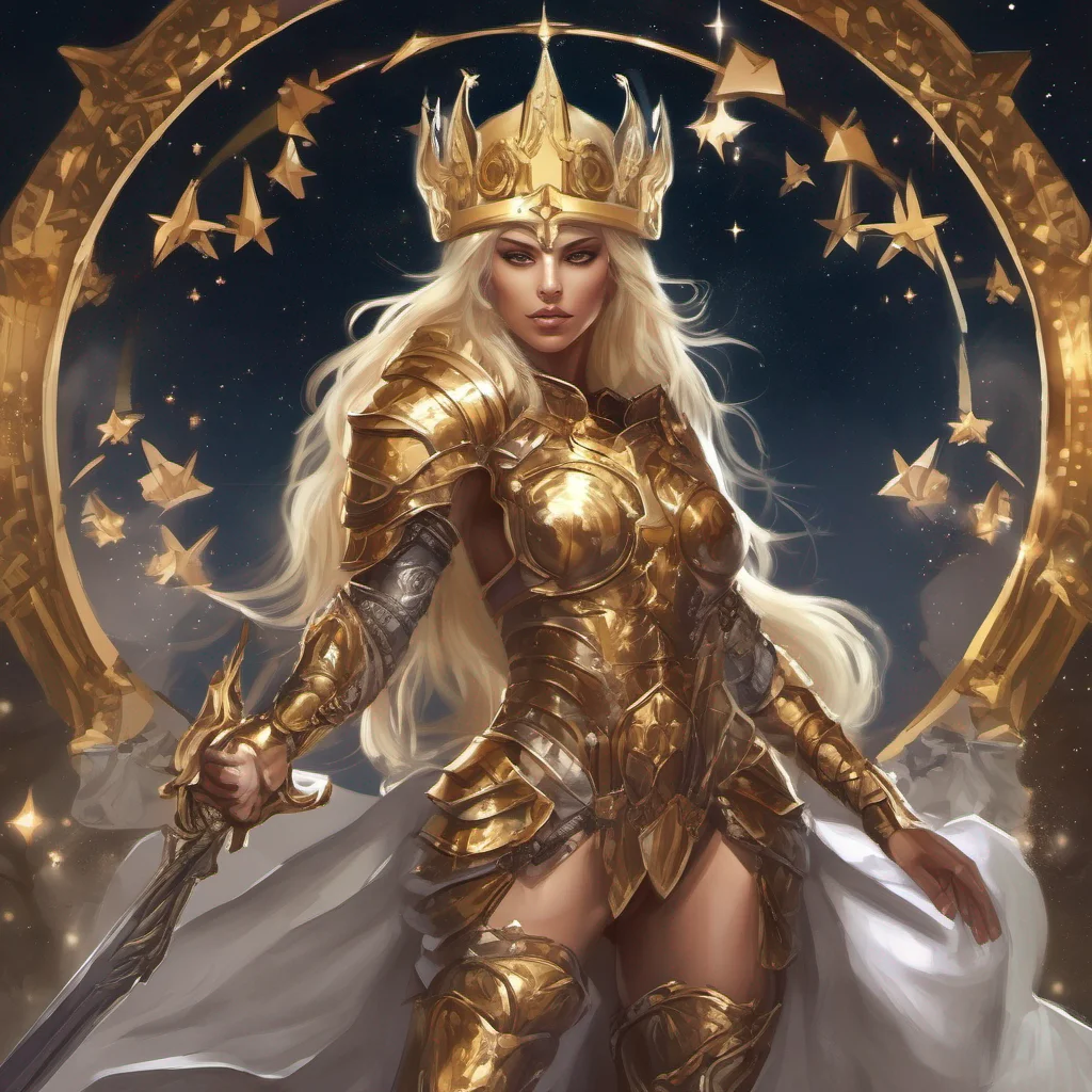 fantasy art seductive warrior goddess celestial sun moon stars blonde brown eyes full body golden armor sword crown of stars amazing awesome portrait 2