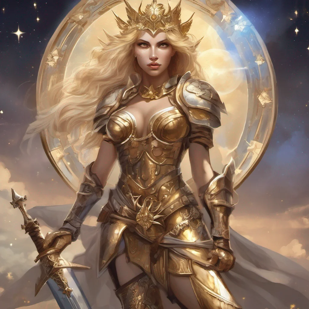 fantasy art seductive warrior goddess celestial sun moon stars blonde brown eyes full body golden armor sword crown of stars good looking trending fantastic 1