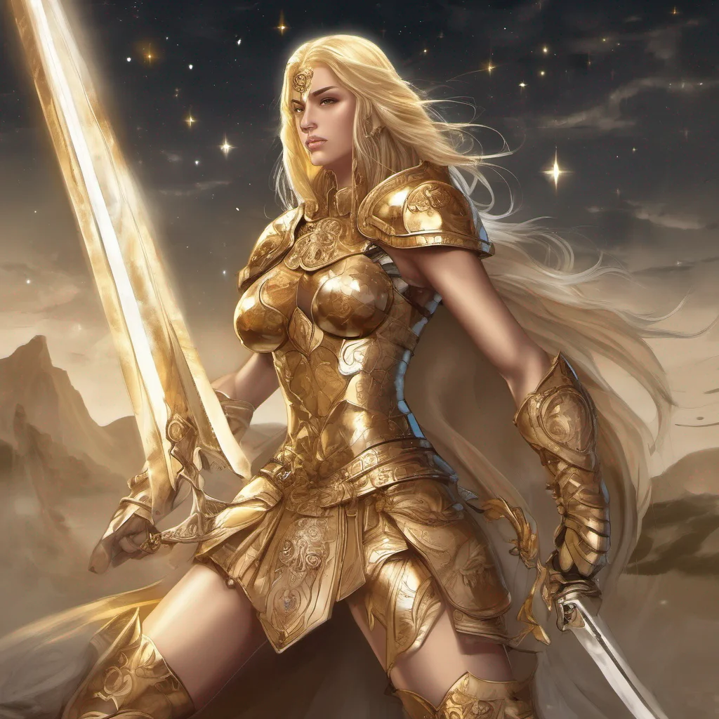 fantasy art seductive warrior goddess celestial sun moon stars blonde brown eyes full body golden armor sword