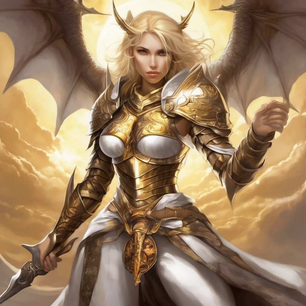 fantasy art seductive warrior goddess celestial sun moon stars blonde brown eyes full body golden armor white dragon amazing awesome portrait 2