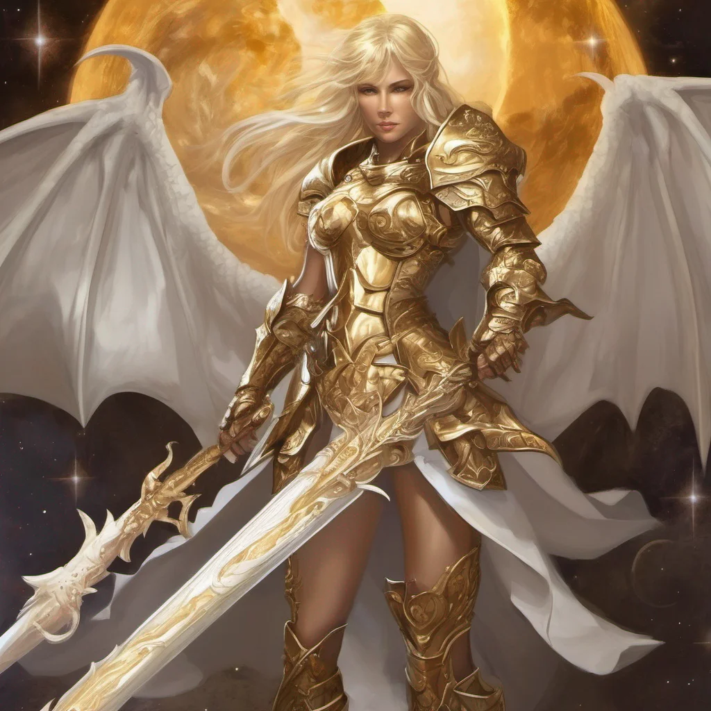fantasy art seductive warrior goddess celestial sun moon stars blonde brown eyes full body golden armor white dragon confident engaging wow artstation art 3