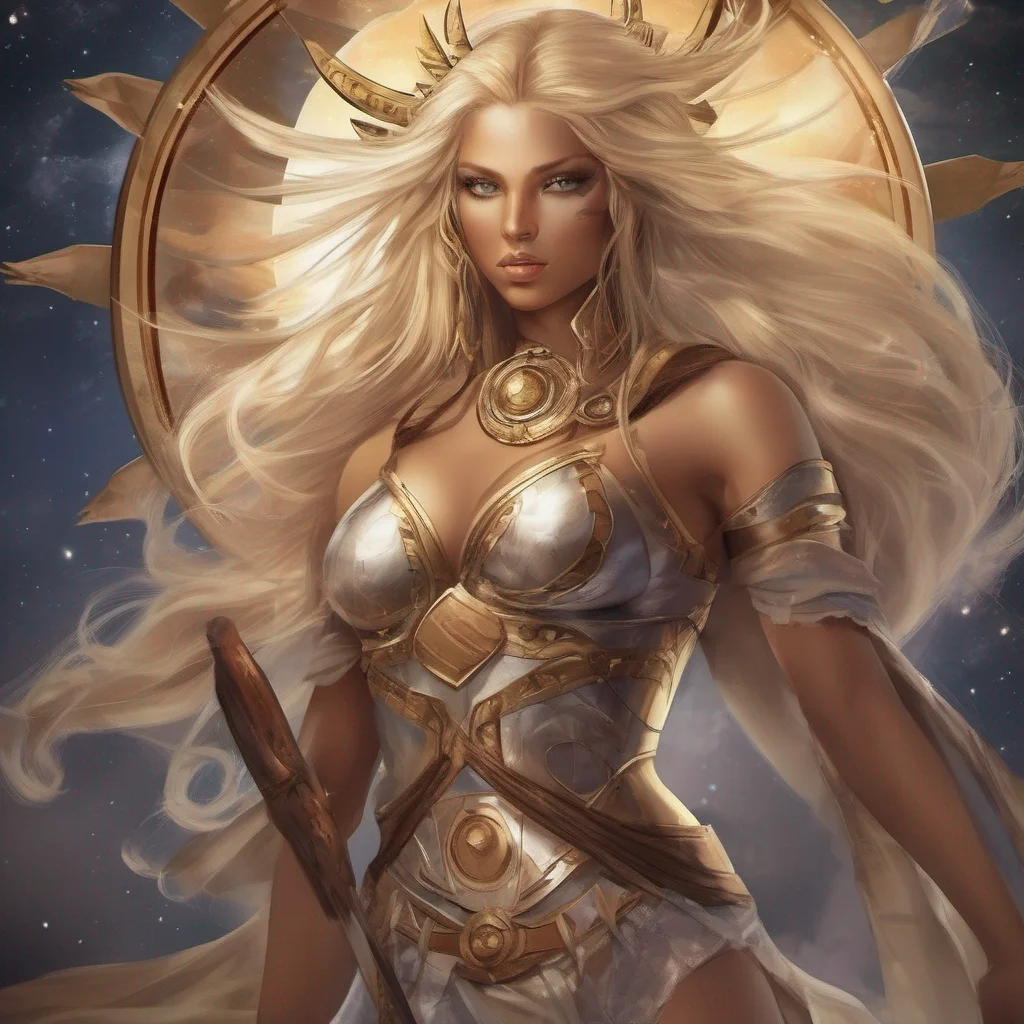 fantasy art seductive warrior goddess celestial sun moon stars blonde brown eyes full body