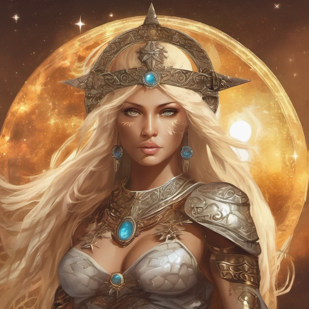 aifantasy art seductive warrior goddess celestial sun moon stars blonde brown eyes good looking trending fantastic 1