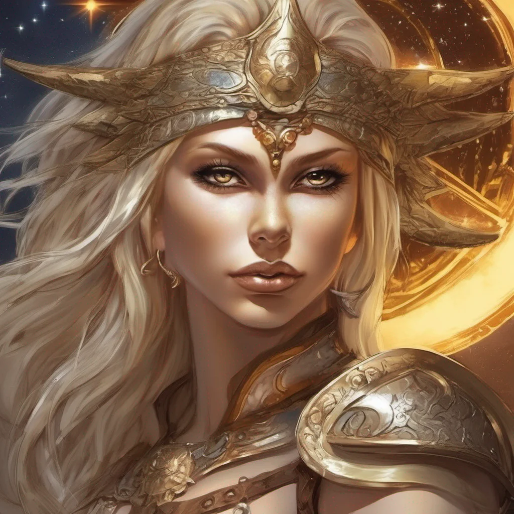 aifantasy art seductive warrior goddess celestial sun moon stars blonde brown eyes
