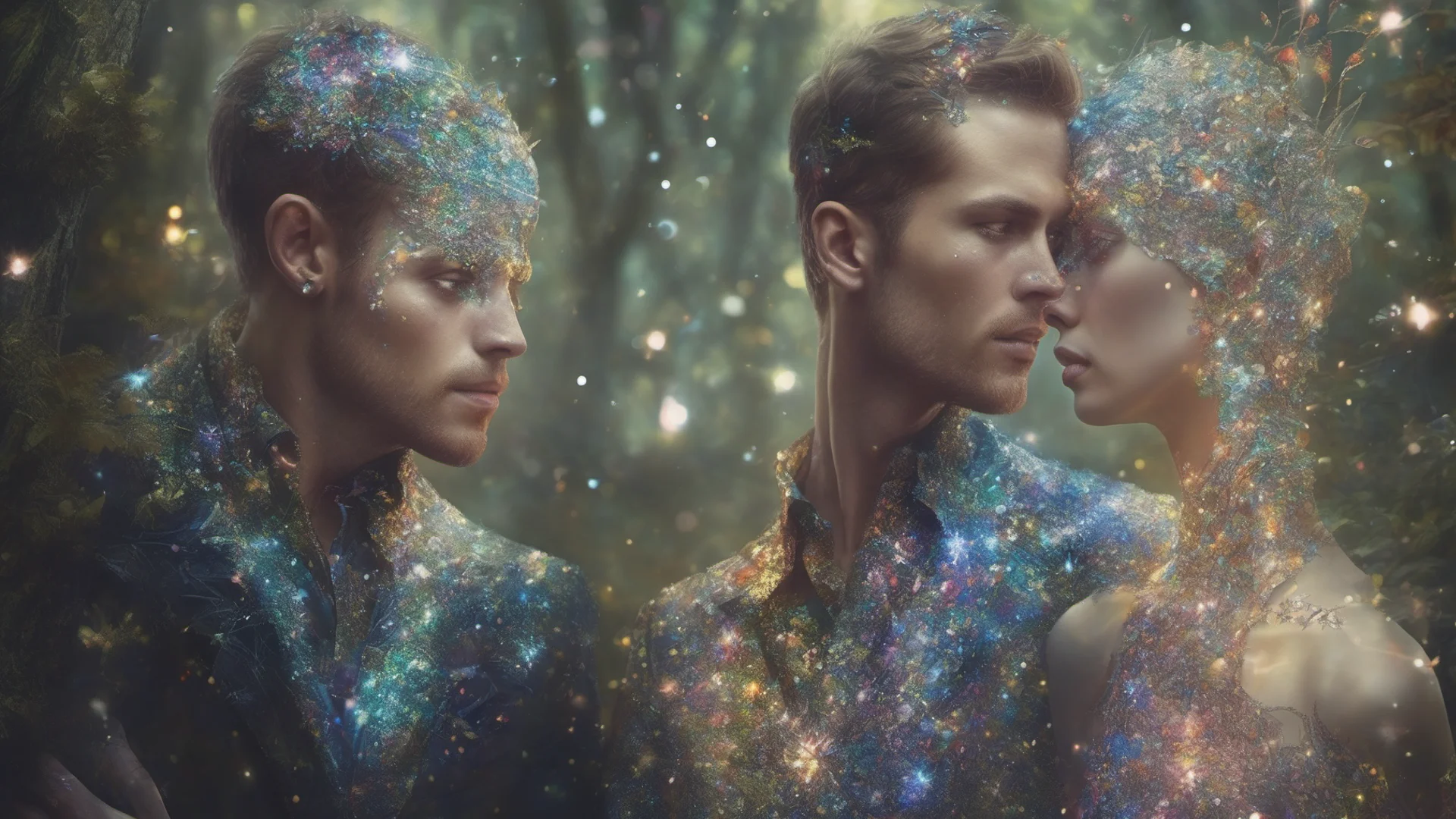 aifantasy art two men one woman sparkle glitter shimmer forest  amazing awesome portrait 2 confident engaging wow artstation art 3 wide
