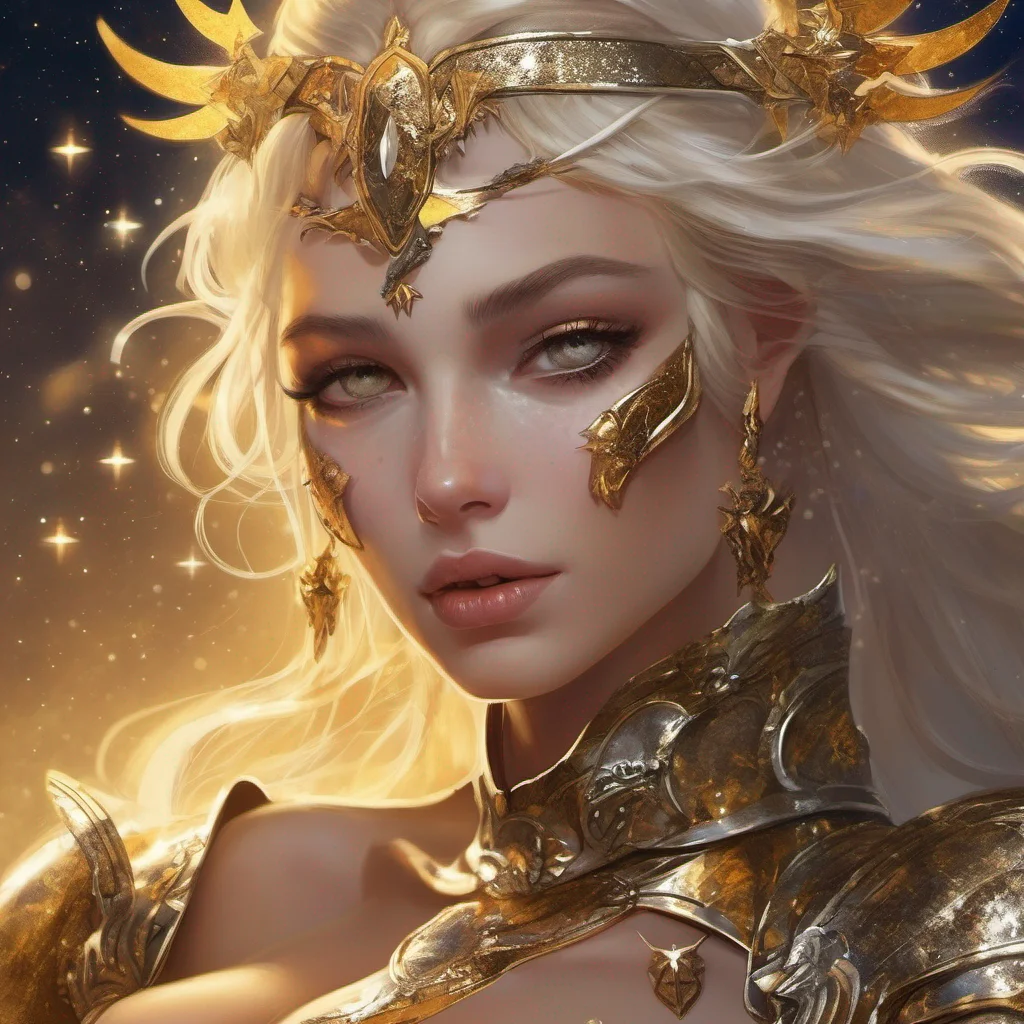 fantasy art warrior seductive beauty grace blonde golden armor magic glitter stardust night sky sun moon stars golden stars on cheeks amazing awesome portrait 2