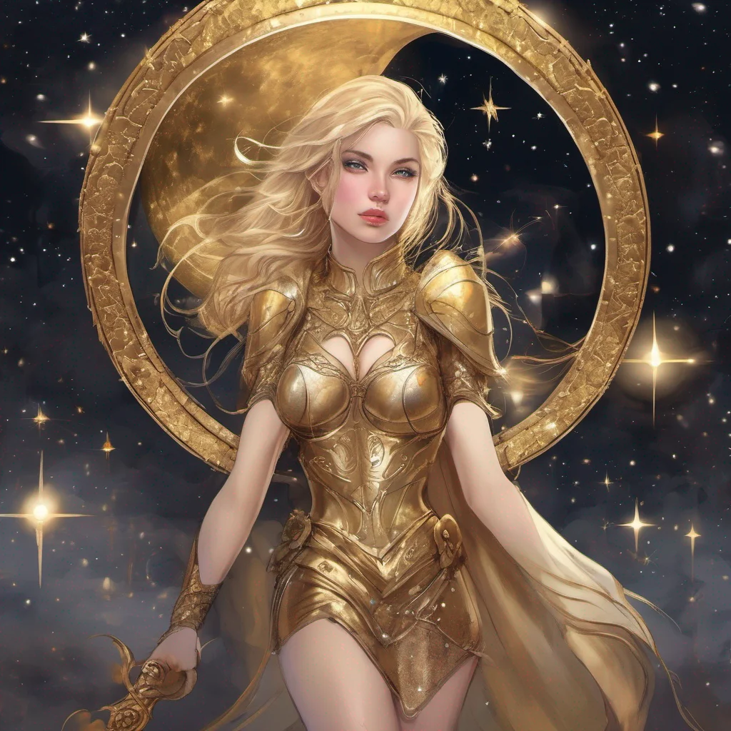 fantasy art warrior seductive beauty grace blonde golden armor magic glitter stardust night sky sun moon stars golden stars on cheeks confident engaging wow artstation art 3