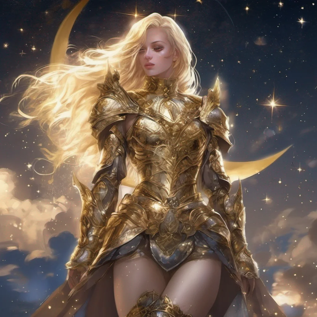 fantasy art warrior seductive beauty grace blonde golden armor magic glitter stardust night sky sun moon stars golden stars on cheeks full body good looking trending fantastic 1