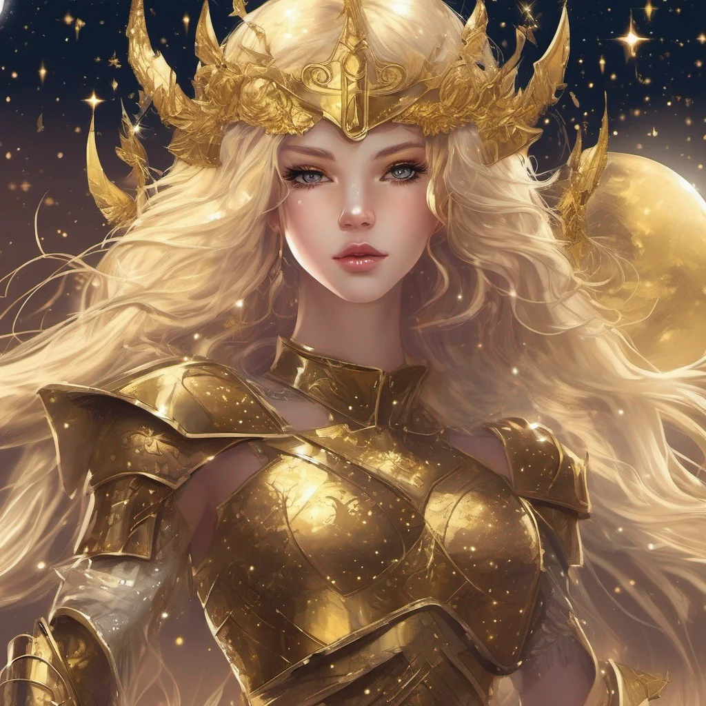 fantasy art warrior seductive beauty grace blonde golden armor magic glitter stardust night sky sun moon stars golden stars on cheeks good looking trending fantastic 1