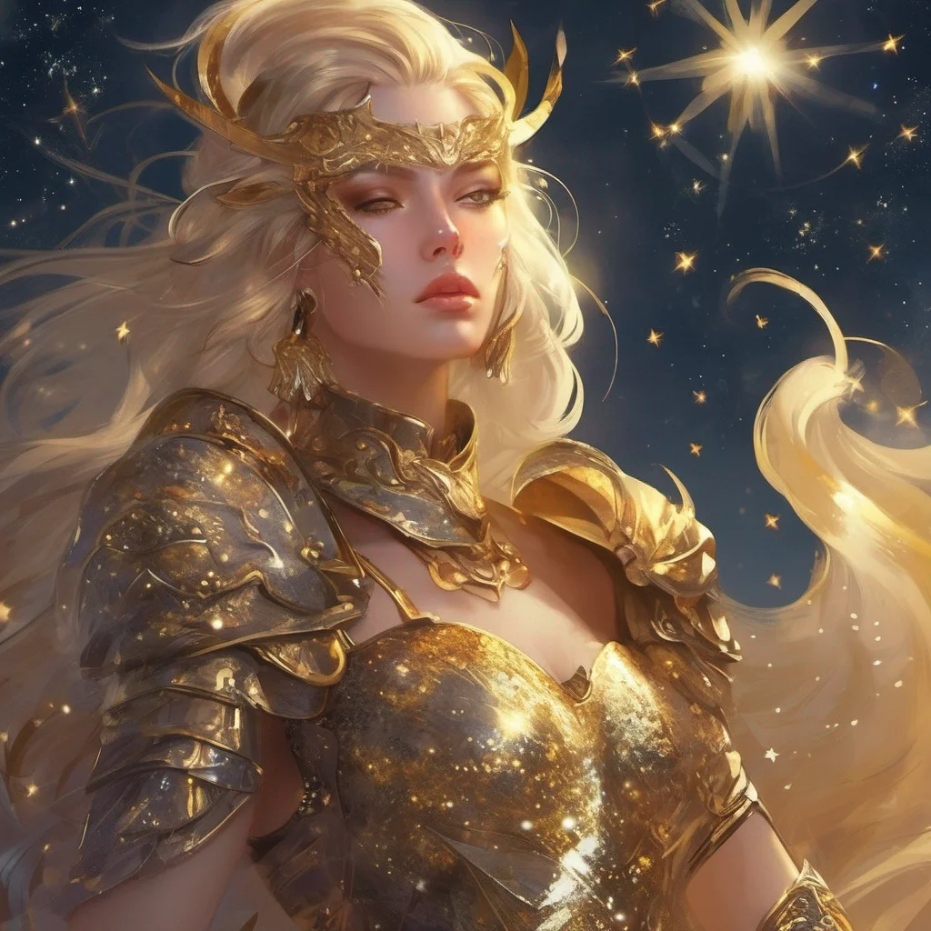 fantasy art warrior seductive beauty grace blonde golden armor magic glitter stardust night sky sun moon stars golden stars on cheeks