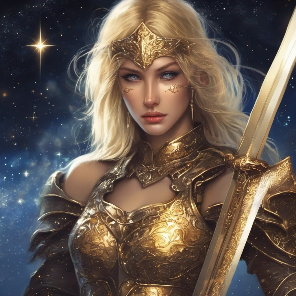 fantasy art warrior seductive beauty grace blonde golden armor magic glitter stardust night sky sun moon stars sword amazing awesome portrait 2