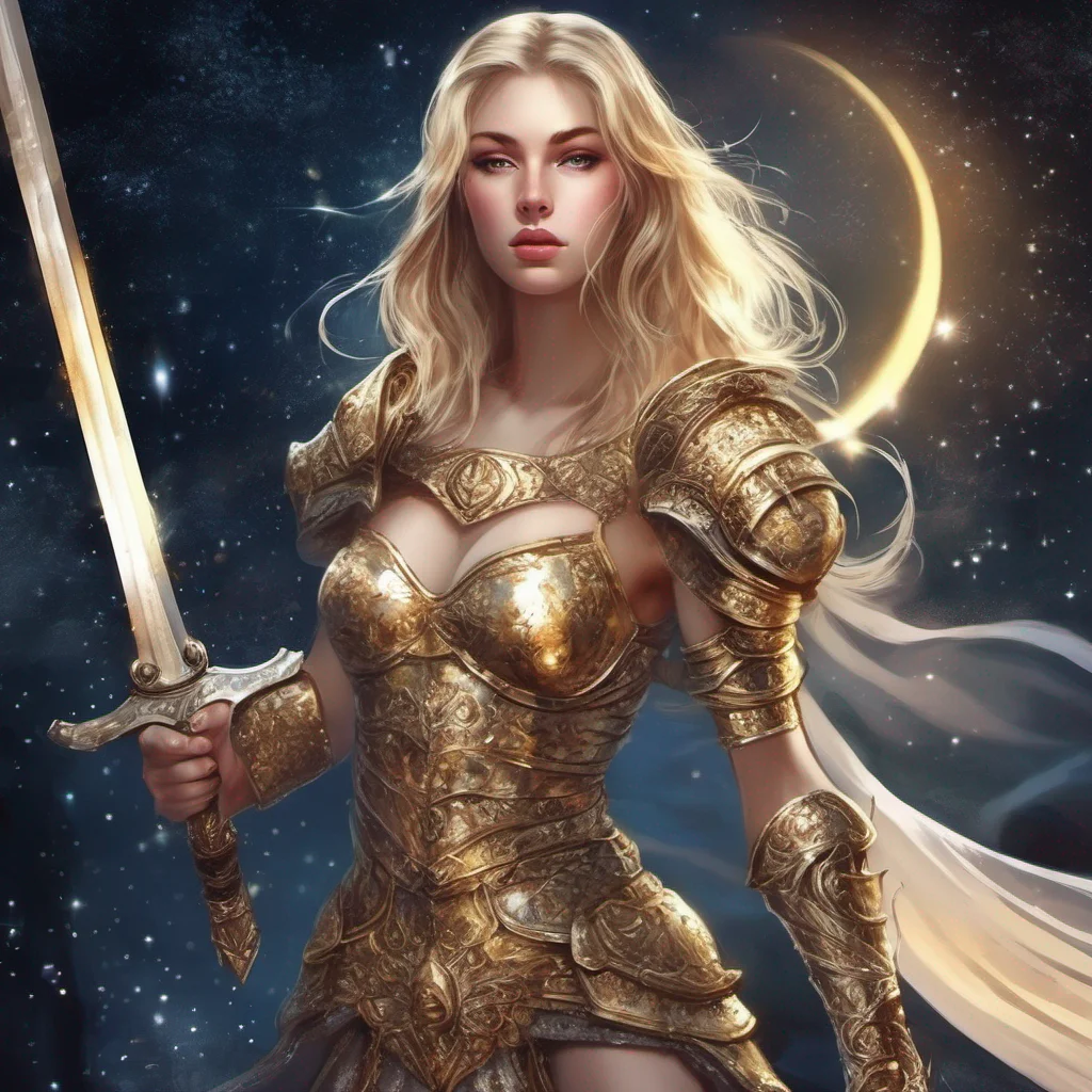fantasy art warrior seductive beauty grace blonde golden armor magic glitter stardust night sky sun moon stars sword confident engaging wow artstation art 3
