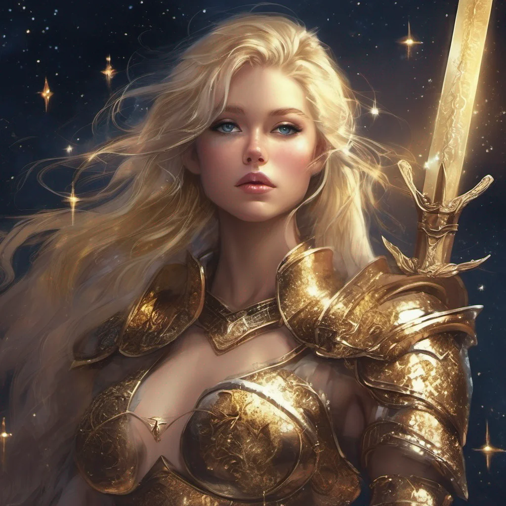 fantasy art warrior seductive beauty grace blonde golden armor magic glitter stardust night sky sun moon stars sword golden stars on cheeks amazing awesome portrait 2