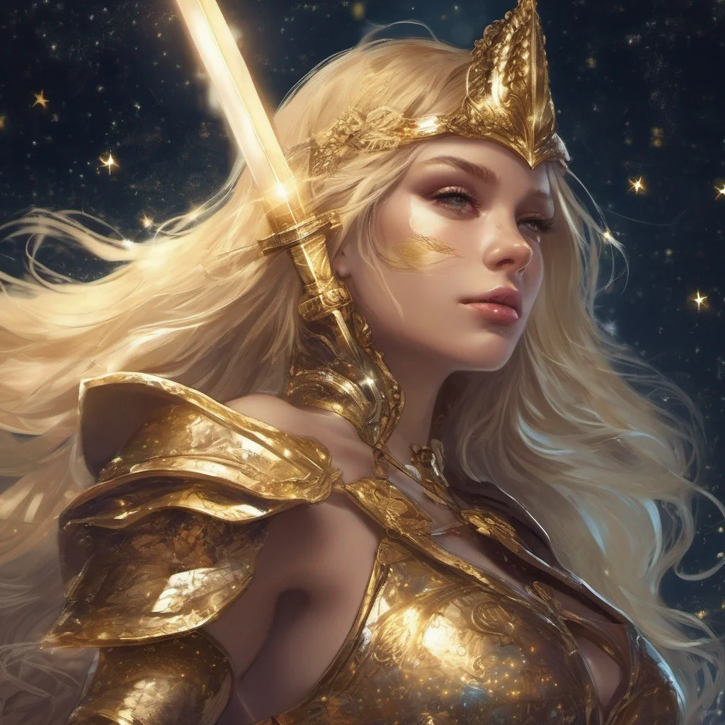 fantasy art warrior seductive beauty grace blonde golden armor magic glitter stardust night sky sun moon stars sword golden stars on cheeks good looking trending fantastic 1