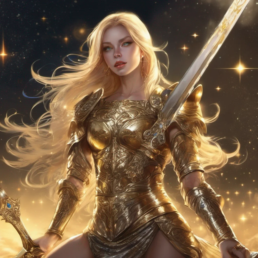 aifantasy art warrior seductive beauty grace blonde golden armor magic glitter stardust night sky sun moon stars sword golden stars on cheeks