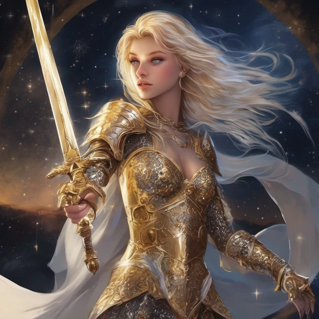 fantasy art warrior seductive beauty grace blonde golden armor magic glitter stardust night sky sun moon stars sword good looking trending fantastic 1