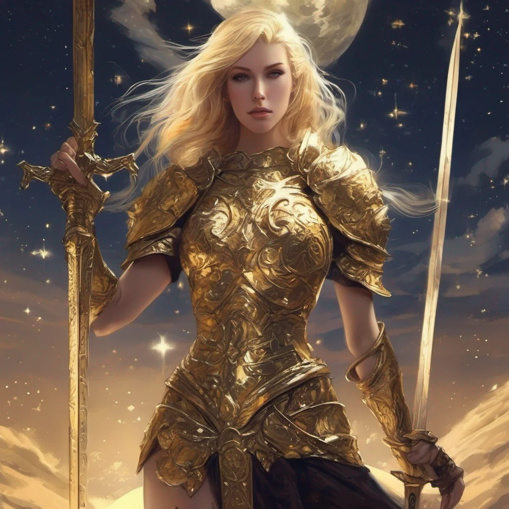 fantasy art warrior seductive beauty grace blonde golden armor magic glitter stardust night sky sun moon stars sword