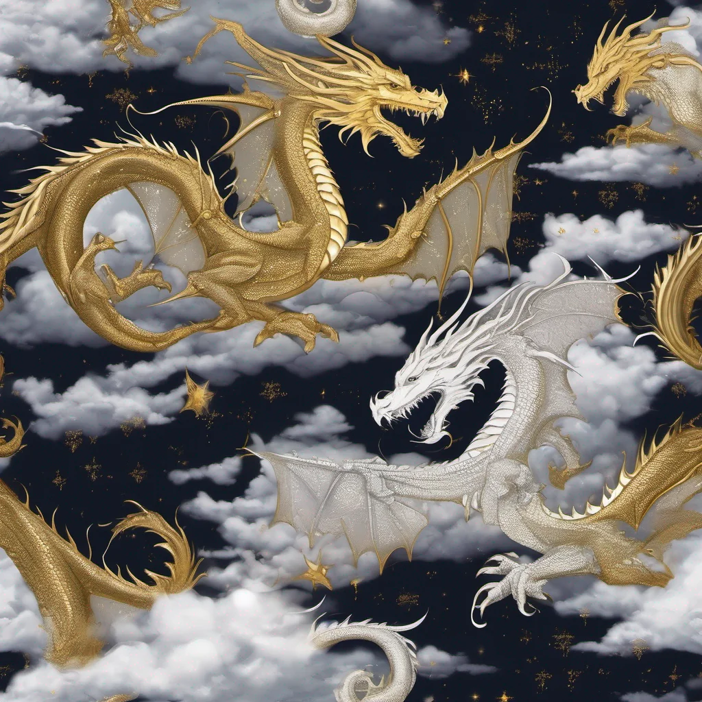 fantasy art white and gold dragons night sky