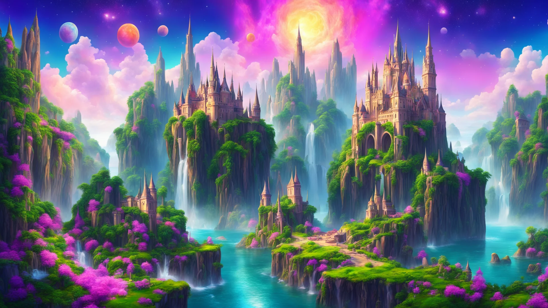 fantasy landscape colorful palace royal cathedrals on cliffs islands relaxing stary ethereal sky realistic planets high circle colorful earth like  waterfall amazing awesome portrait 2 wide