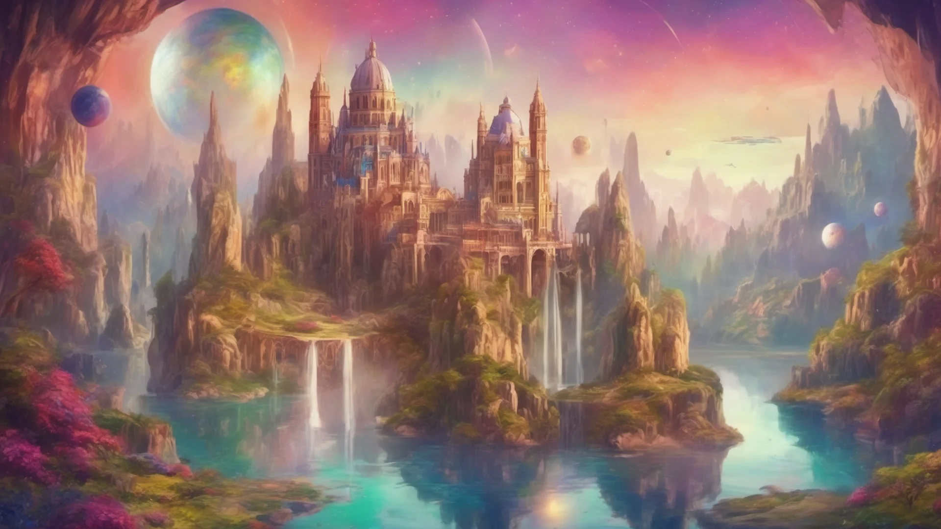 fantasy landscape colorful palace royal cathedrals on cliffs islands relaxing stary ethereal sky realistic planets high circle colorful earth like planet amazing awesome portrait 2 wide