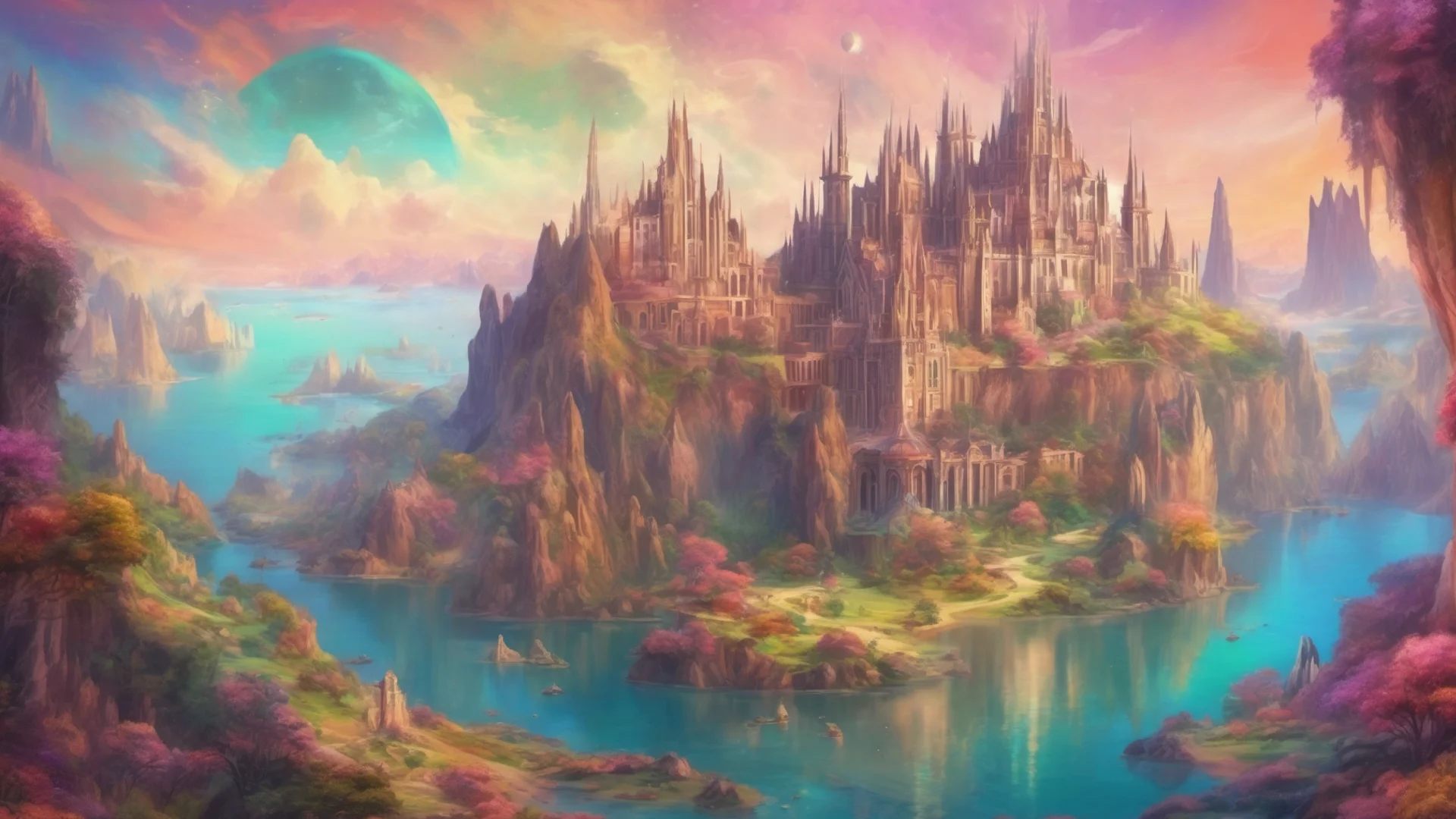 fantasy landscape colorful palace royal cathedrals on cliffs islands relaxing stary ethereal sky realistic planets high circle colorful earth like planet good looking trending fantastic 1 wide