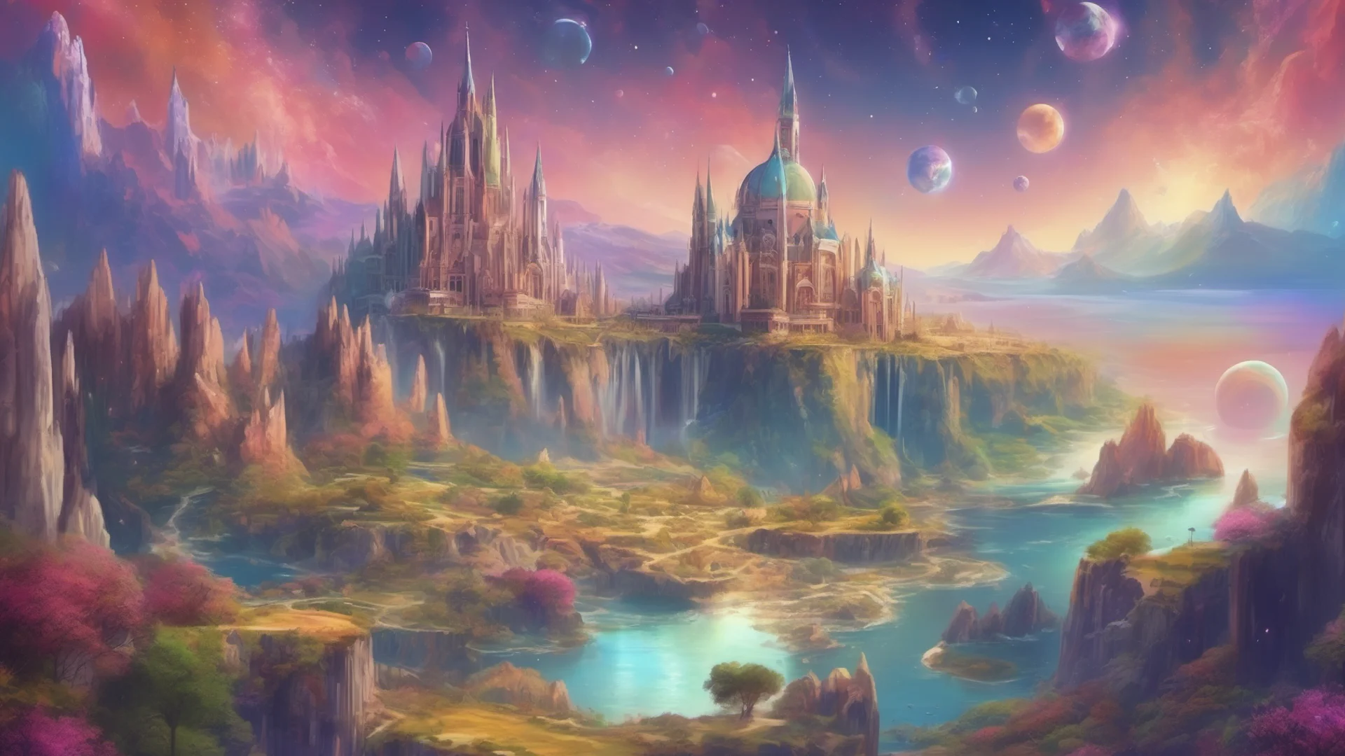 aifantasy landscape colorful palace royal cathedrals on cliffs islands relaxing stary ethereal sky realistic planets high circle colorful earth like planet wide