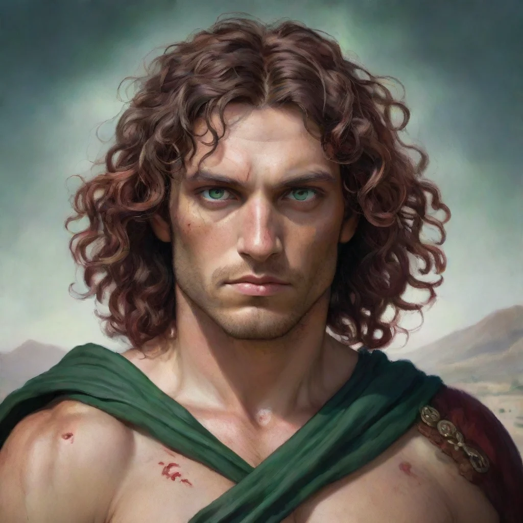 aifantasy portrait of a greek man with green eyes and curly%2C shoulder length brown hair with crimson scars that go the length of his arms