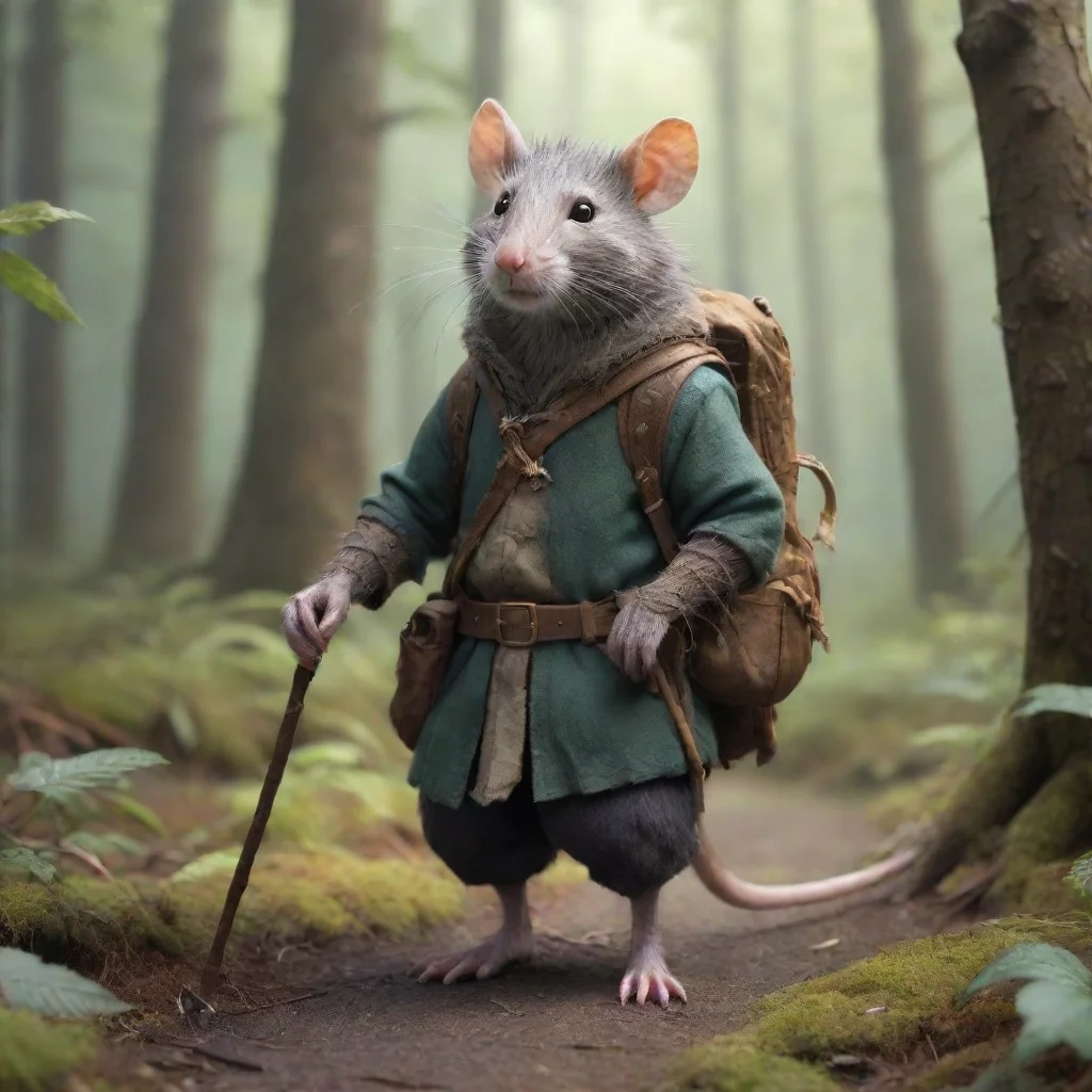 aifantasy rat knight in common garb in a forest with a toothpick for a walking stick%2C wearing a large backpack