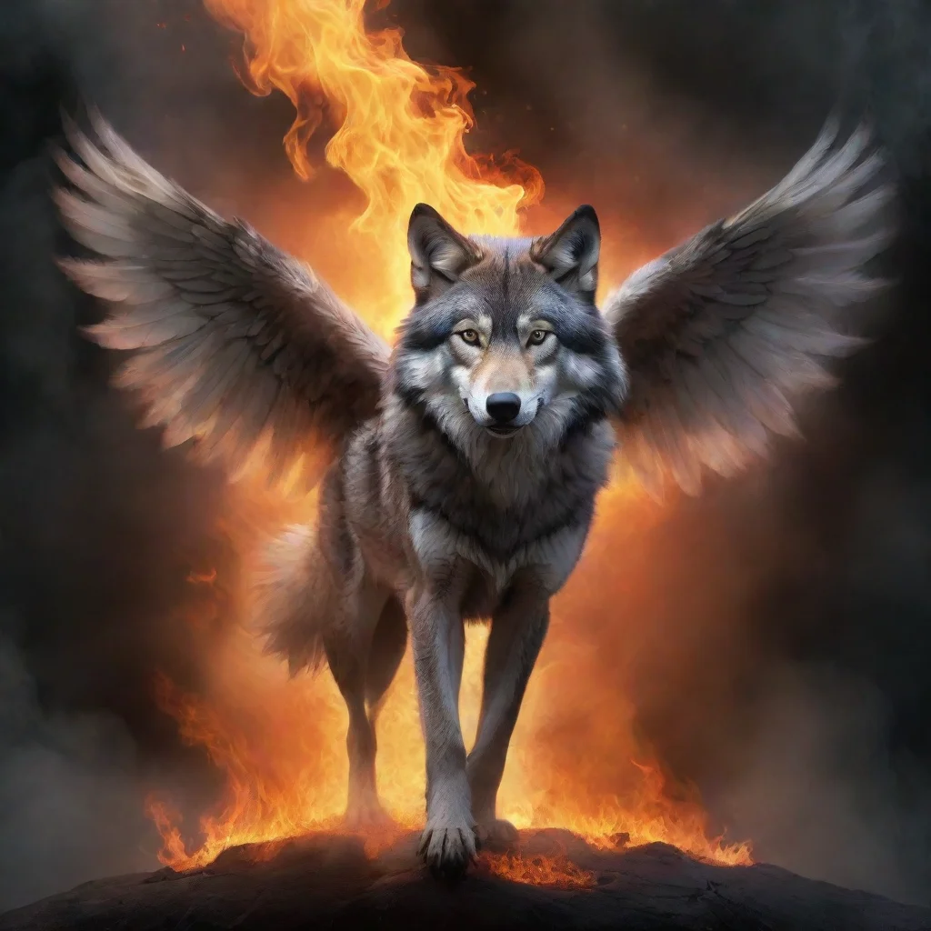aifantasy winged wolf%2C smokey background%2C flame foreground