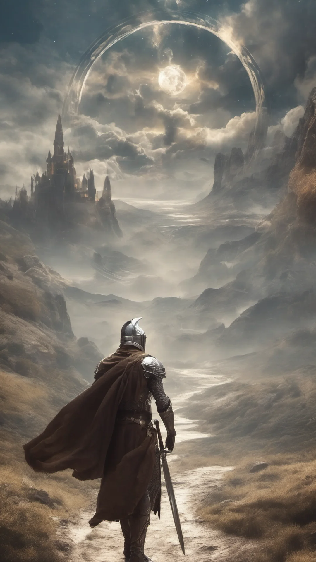 aifantasy world man knight amazing honor grace masculine strong%2C beautiful environment path journey planets circle in sky amazing awesome portrait 2 tall