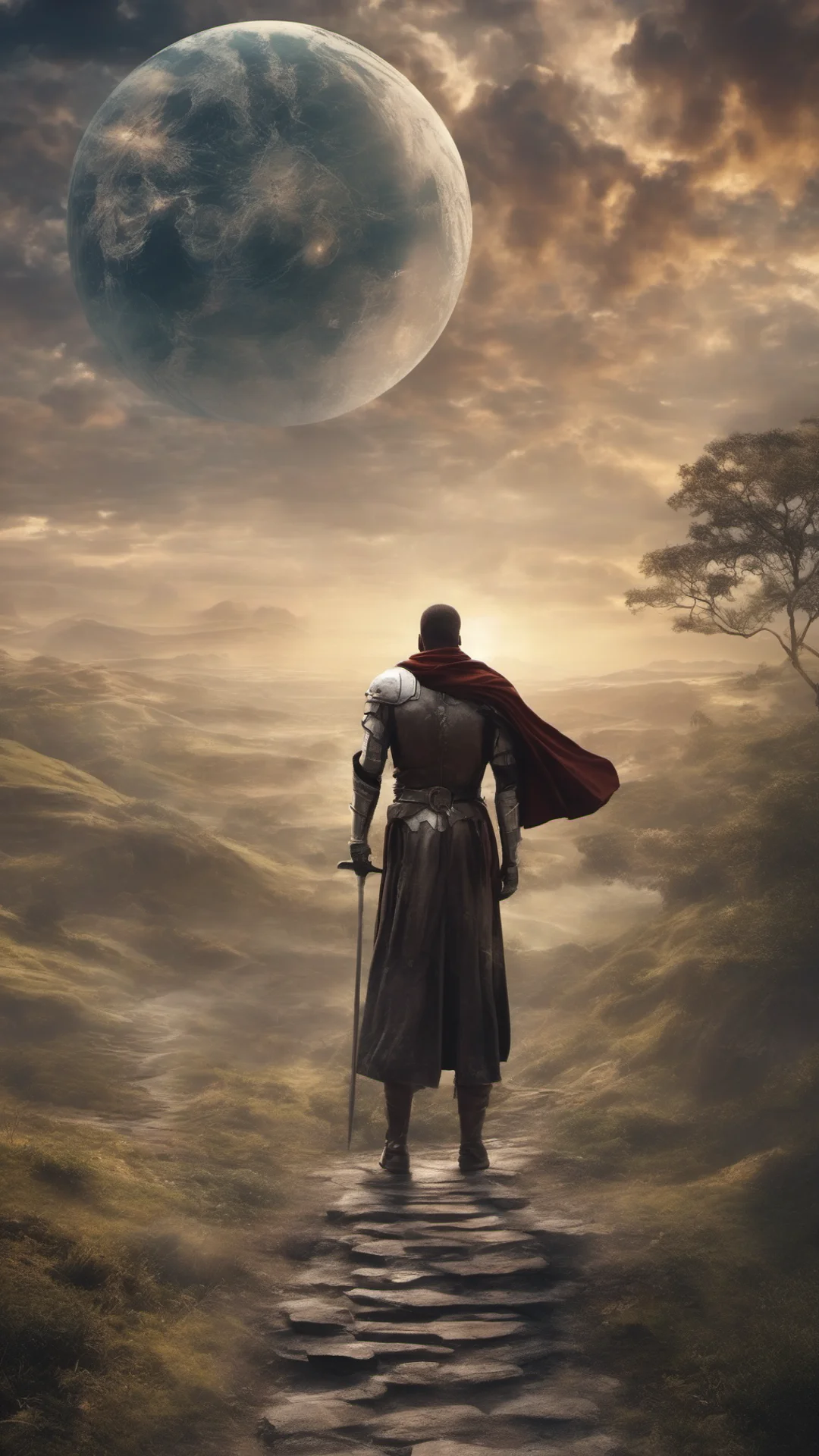 aifantasy world man knight amazing honor grace masculine strong%2C beautiful environment path journey planets circle in sky confident engaging wow artstation art 3 tall