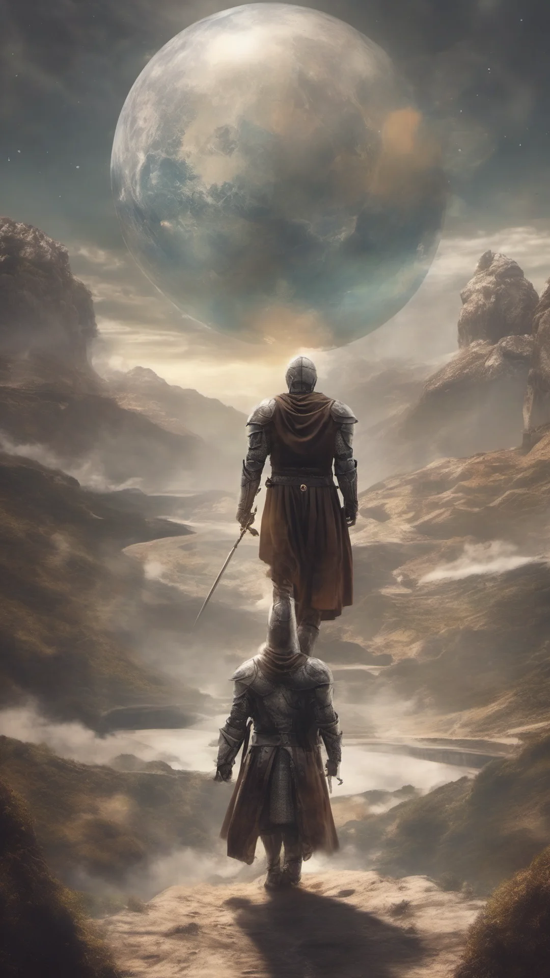 aifantasy world man knight amazing honor grace masculine strong%2C beautiful environment path journey planets circle in sky tall