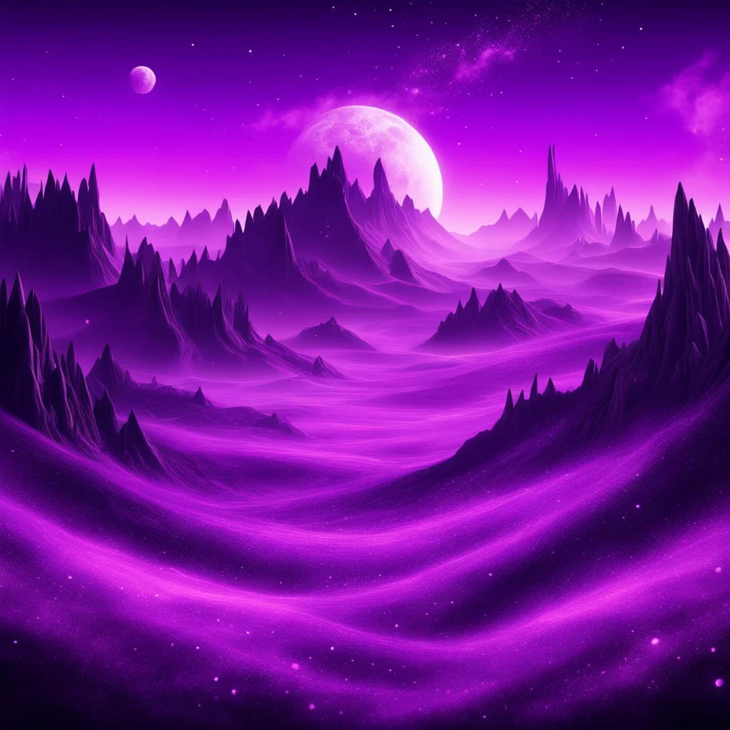 fantasy world with hills and magic particles in purple colors