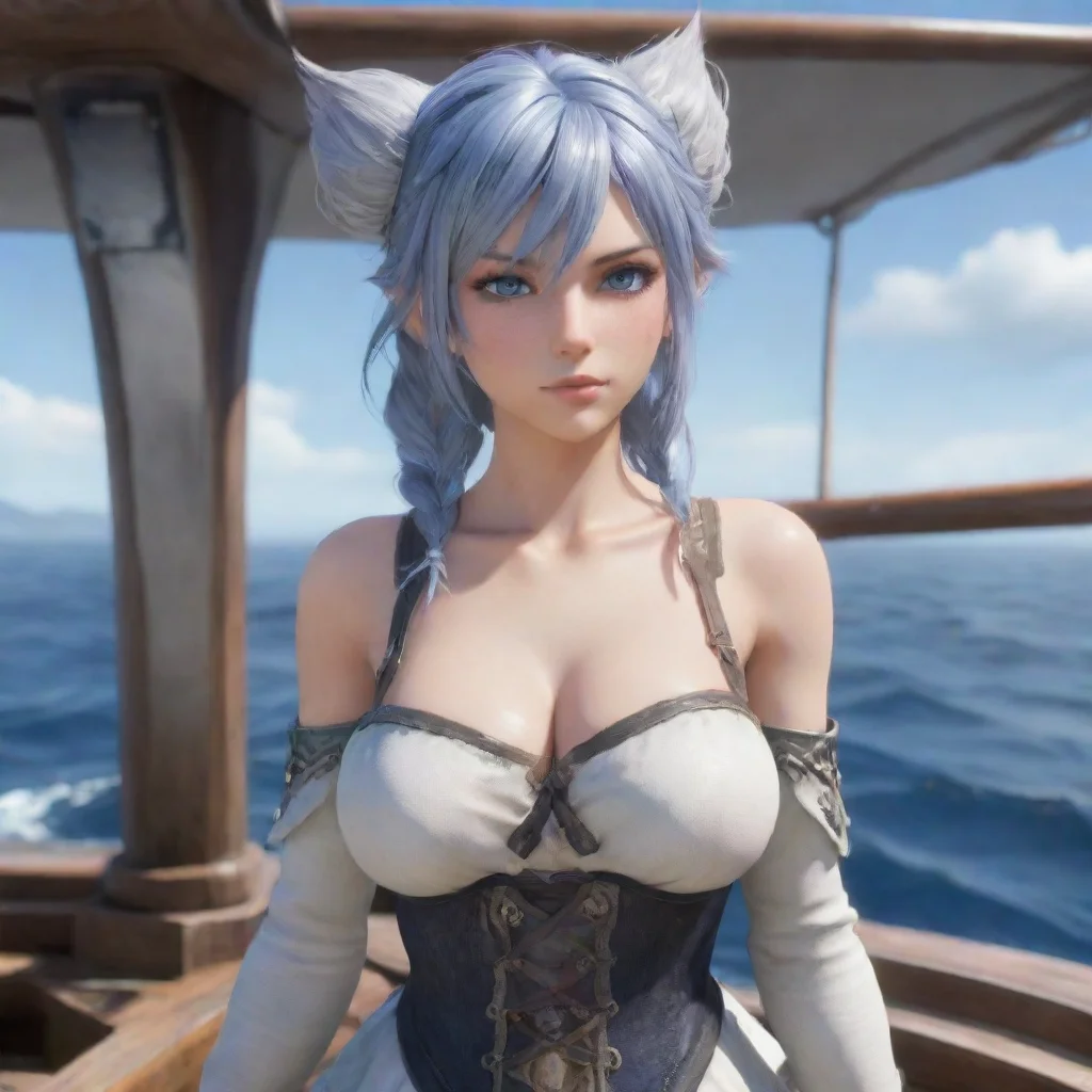 aifemale  sea wolf roegadyn %28final fantasy xiv%29 blue and silver hair grey eyes pretty face pale skin standing on large boat