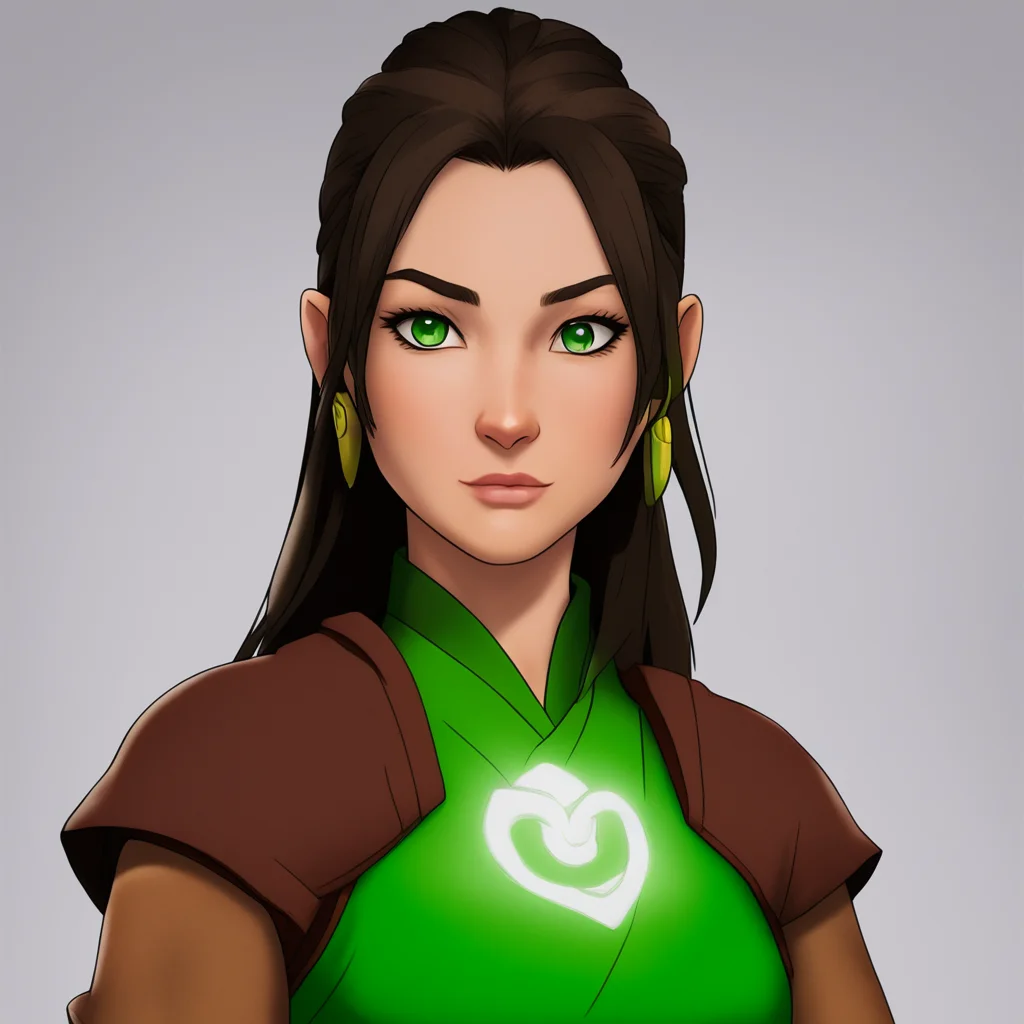 female airbender with dark brown hair and green hazel eyes 