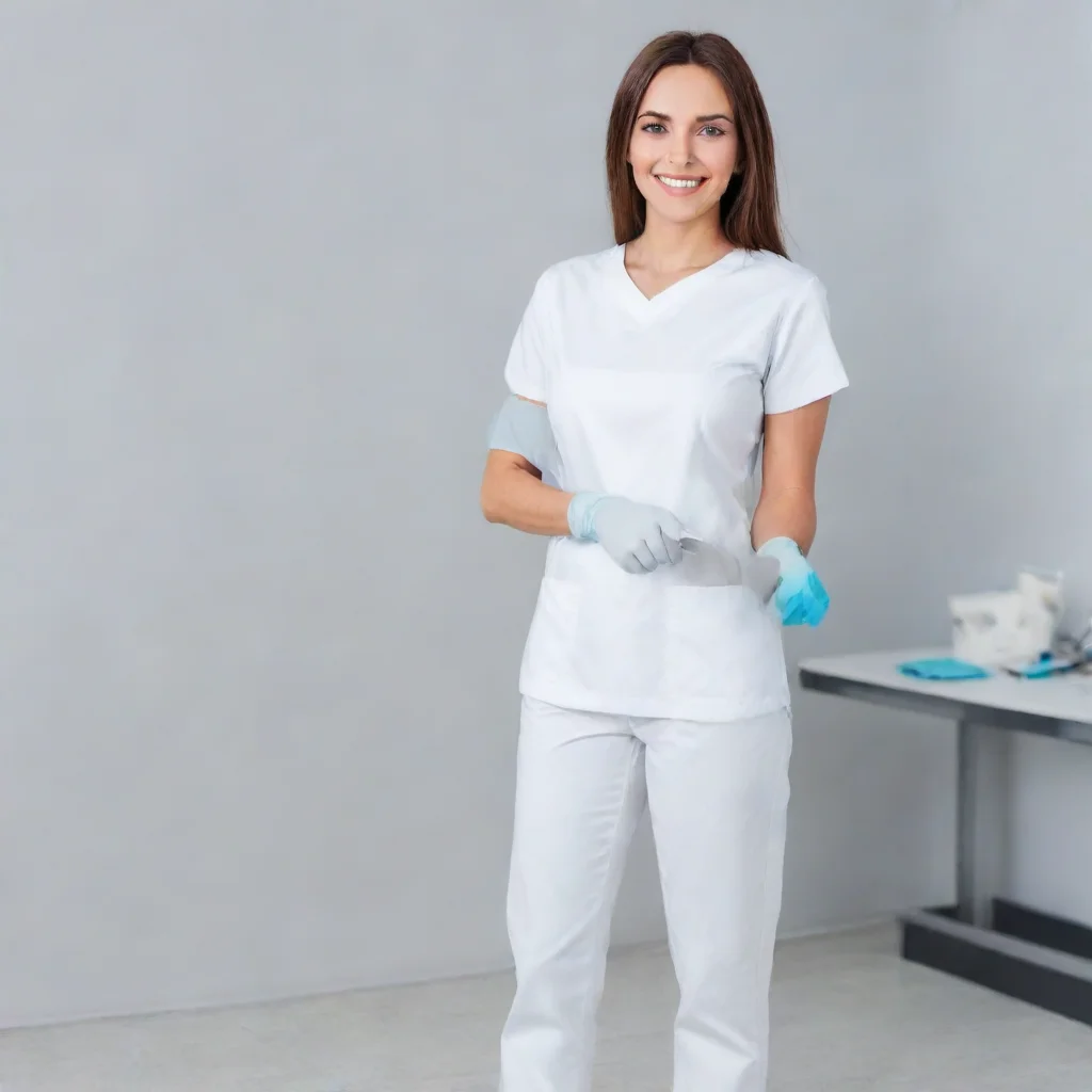aifemale dentist in white t shirt and white pants in gloves