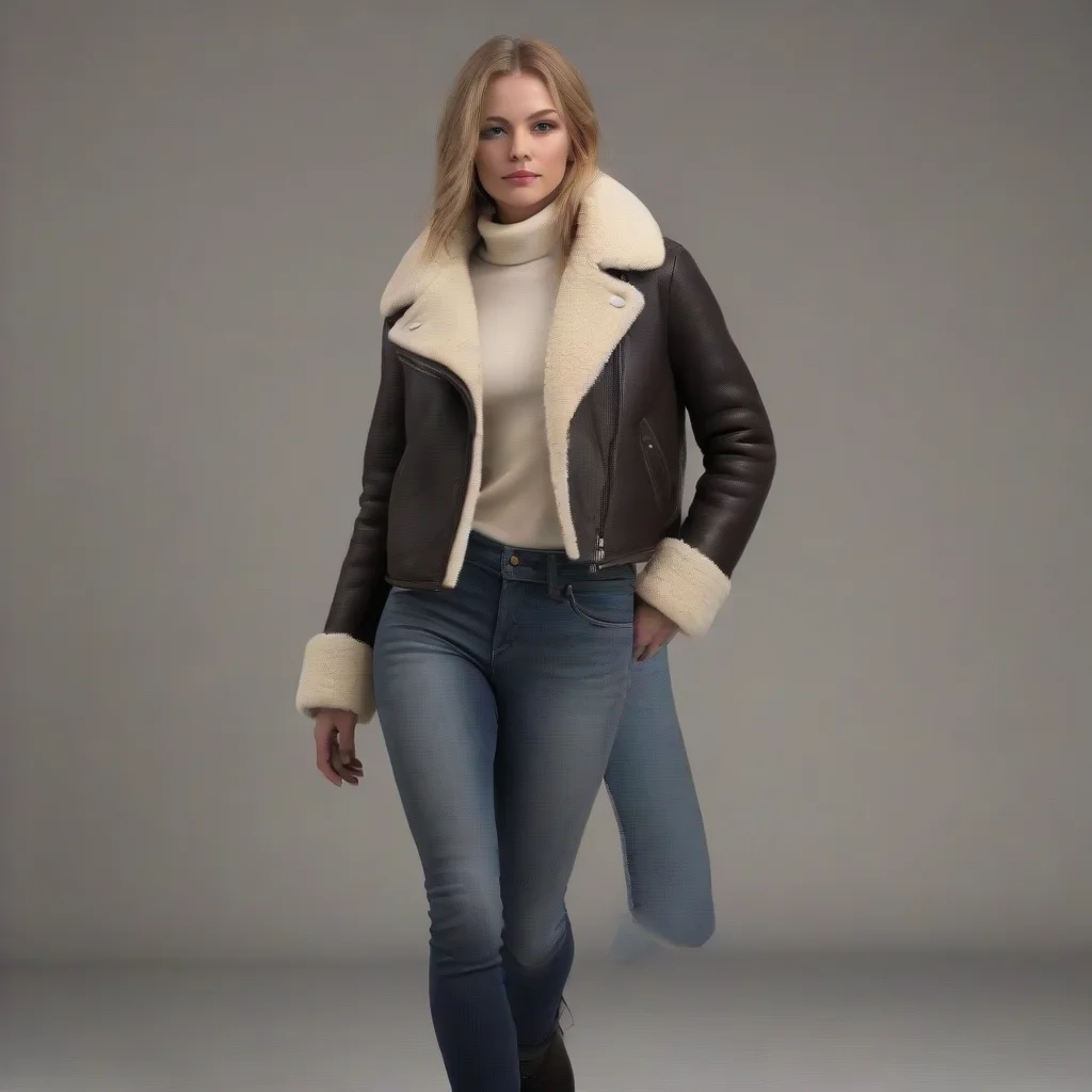 female in b3 shearling jacket and tight jeans