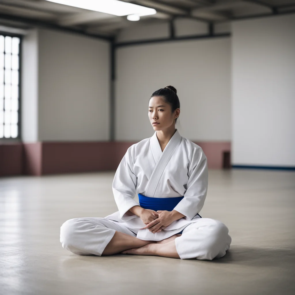 female judo master meditating at dojo
