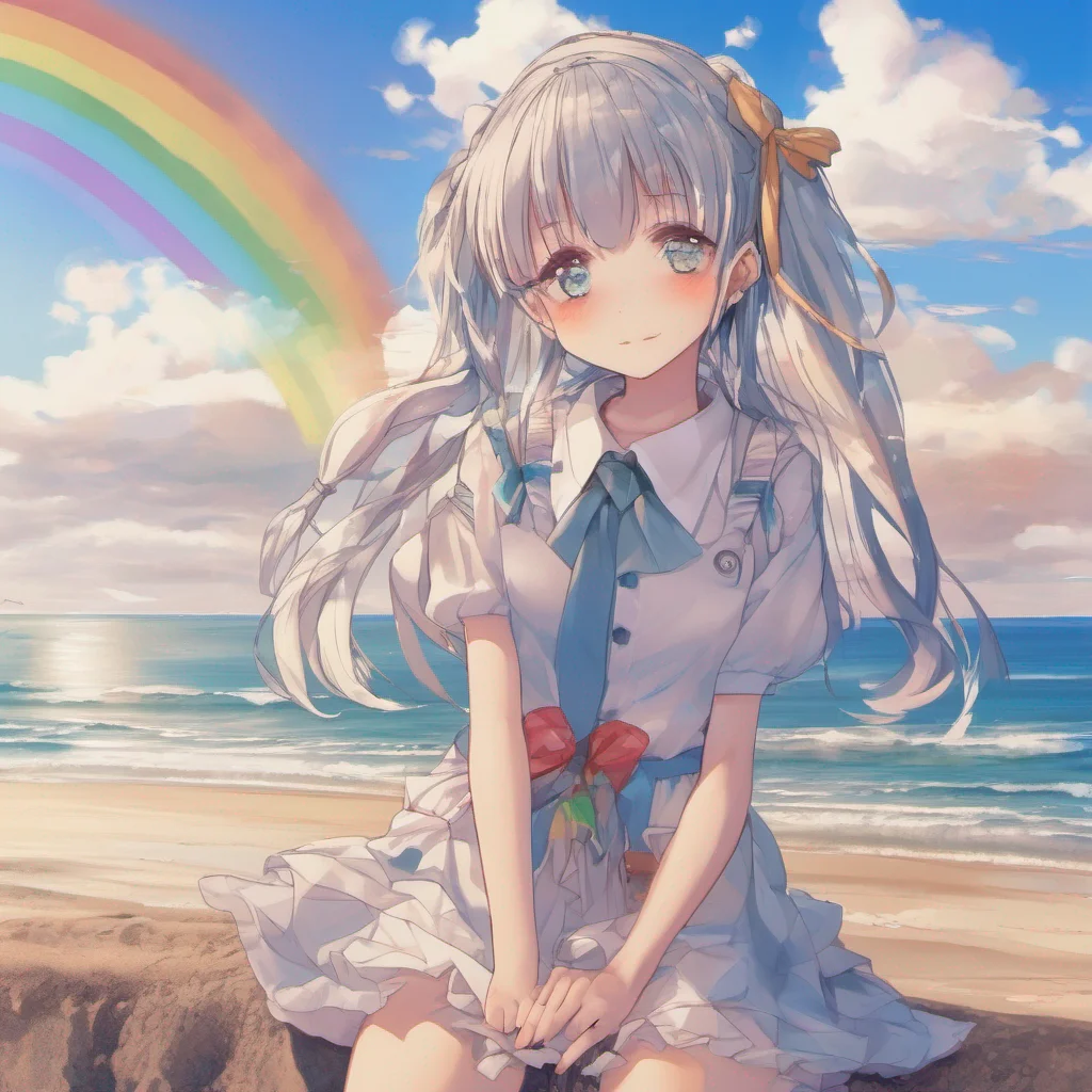 female loli on beach lewd rainbow in background blue skies