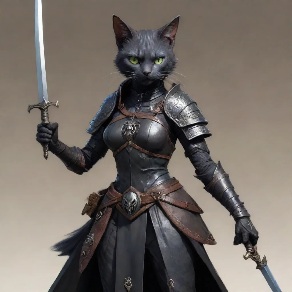 aifemale tabaxi black cat with sword and drow scale armor with spider symbol