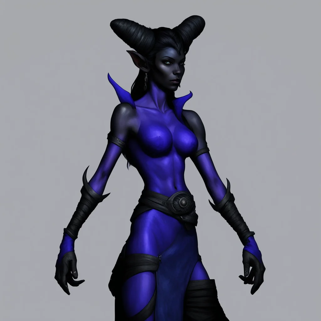 aifemale tiefling%2C black hair%2C dark blue skin%2C 5%2755%27%27 high with 150 lb confident engaging wow artstation art 3