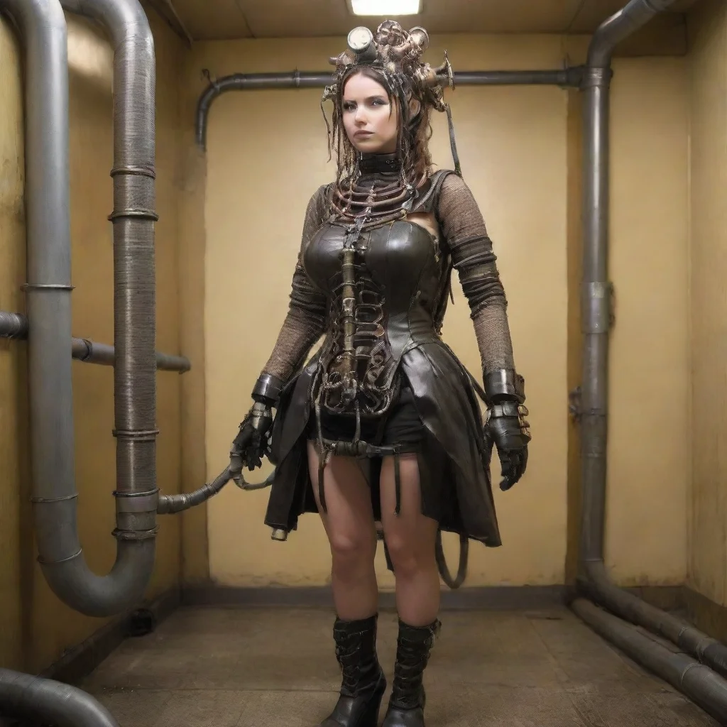 aifembot wearing a dress made from rubber hoses and steel%2C many rubber tubes%2C many rubber tubes connected%2C inter connected to bot%2C urinal%2C steampunk