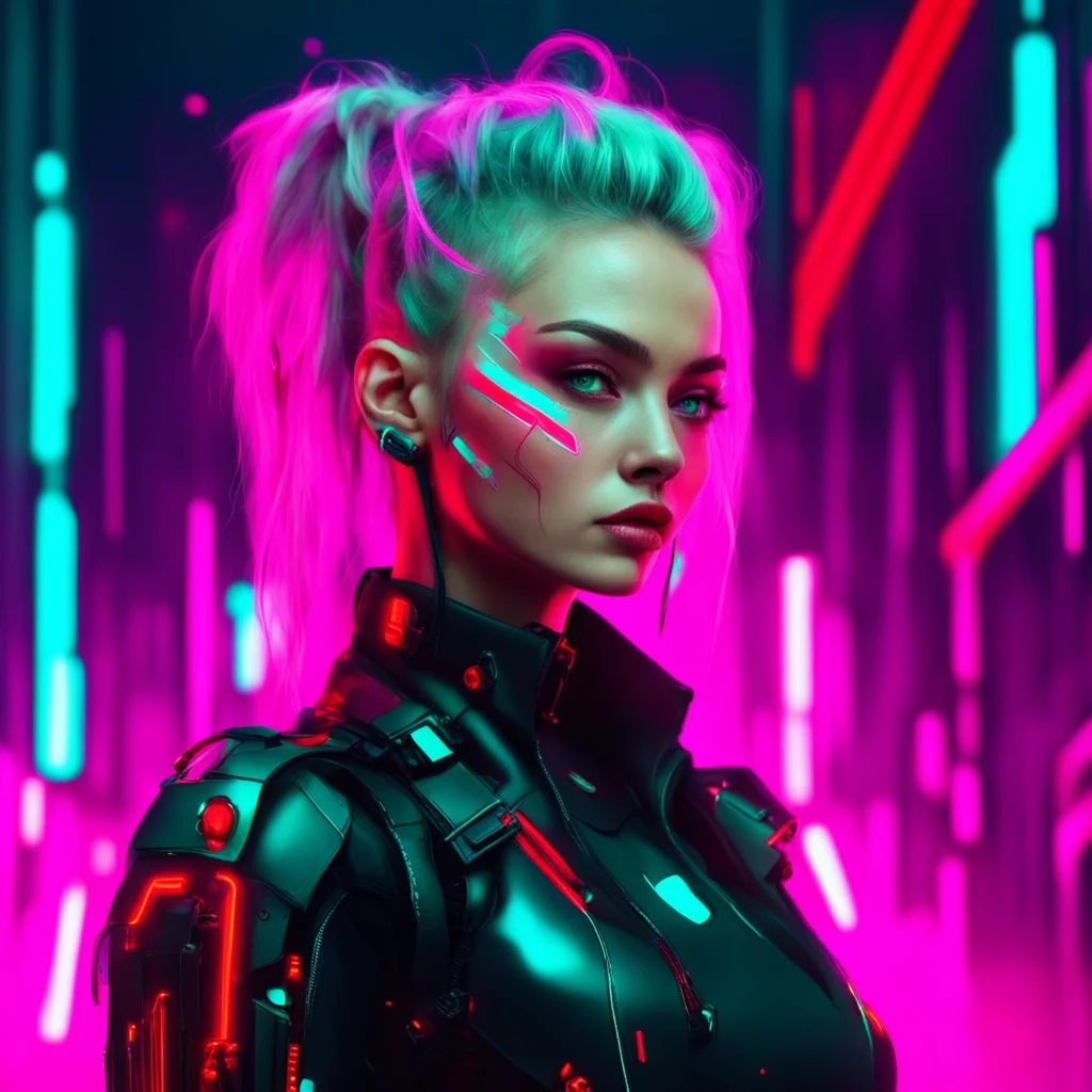 feminine petite female cyberpunk wallpaper art fantasy portrait in front of building glowing neon red accents wisps of s