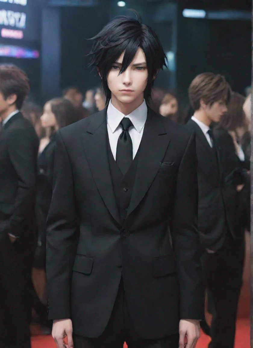 final fantasy character in black suit black hd anime aesthetic colourful world style